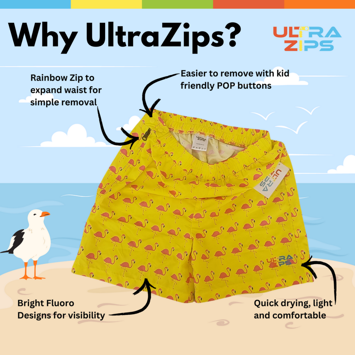 Flamingo Pink Ultra Zips Adaptive Boardshorts for Kids | Quick-Drying & Inclusive Design