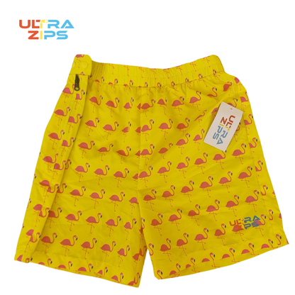 Kids boardshorts perth yellow sun safe bright zip design easy remove 